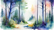 Vibrant watercolor forest landscape with whimsical trees, ideal for nature themes, environmental awareness campaigns, and Earth Day promotions