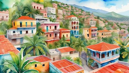 Canvas Print - Colorful painted illustration of a vibrant Mediterranean village with terracotta rooftops and tropical foliage, ideal for travel and holiday themes