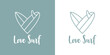 Logo club de surf. I love surf. Silueta de 2 tablas de surf con forma de corazón lineal y texto Love Surf