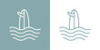 Logo club de surf. Silueta de tabla de surf lineal con olas de mar	