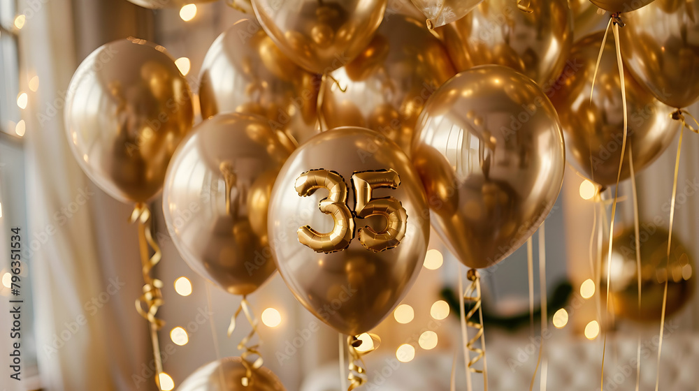 number thirty five from golden balloons close up with copy space Stock ...