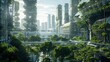 A futuristic cityscape dominated by sleek highrise buildings made entirely of glass and vegetation. The city is powered by a complex network of biofuels and renewable energy sources .