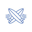 Logo club de surf. Silueta de 2 tablas de surf cruzadas lineal con olas de mar