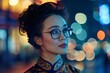 A glamorous Asian woman with vintage hairstyle against a backdrop of colorful city lights