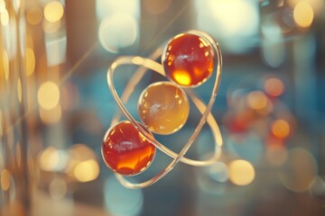 Poster - A close-up of a simplified atomic structure featuring warm orange and yellow glowing orbs, symbolizing warmth, energy, and the essence of matter