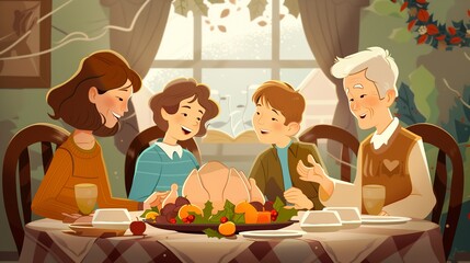 A family is sitting around a table with a turkey and a variety of vegetables