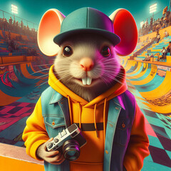 An intriguing blend of hamster and human form, sporting a hoodie and cap, expertly captures the vibrant energy of a bustling skate park with their camera.