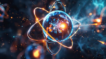 Fototapete - An image of a glowing atom-like structure with particles and bright light effects symbolizing atomic energy