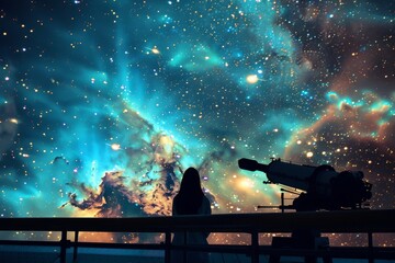 Poster - A silhouette of an astronomy enthusiast beside a telescope, gazing at a vibrant cosmic sky filled with stars and nebulae