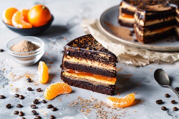 a slice of chocolate cake with oranges on top