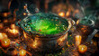 A close-up of a cauldron bubbling with green potion, surrounded by glowing candles and mystical ingredients. Ai generated