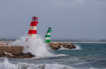 Poster - Lighthouses of Lagos get hits by waves in Algarve, Portugal