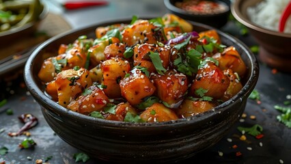 Wall Mural - The Vibrant Gobi Manchurian: An Exciting Street Food Experience with Dynamic Lighting and Crispy Texture. Concept Street Food, Gobi Manchurian, Dynamic Lighting, Crispy Texture, Exciting Experience