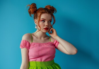 Wall Mural - a woman with red hair and freckles wearing a pink and green dress