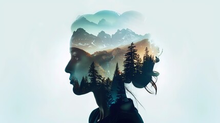 Wall Mural - Double exposure portrait of woman blended with nature, forest trees form face, creative art of beauty and tranquility