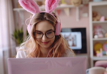 Sticker - a woman wearing headphones and bunny ears