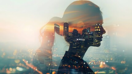 Wall Mural - Double exposure of a Businesswoman wearing suit and a modern city building of  financial district and commercial