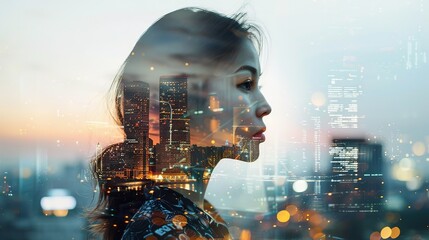 Wall Mural - Double exposure of a Businesswoman wearing suit and a modern city building of  financial district and commercial