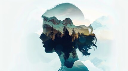 Wall Mural - Double exposure portrait of woman blended with nature, forest trees form face, creative art of beauty and tranquility