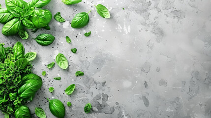 Wall Mural - A close up of green vegetables including basil and parsley. The vegetables are scattered across the image, with some of them overlapping each other. Scene is fresh and healthy
