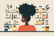 African American female person is standing in a bathroom in front of a shelf filled with various bottles personal skin care or cosmetic products. Feminine self-care