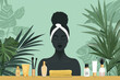 Flat illustration African American female with a towel wrapped around her head after a shower or skincare routine. She appears and relaxed focused on something in front of her