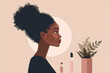 Flat illustration of a woman standing in a bathroom, She appears to be engaging in personal skincare routines. Feminine beauty
