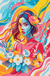 Vibrant Floral Woman Portrait - Abstract Artistic Illustration with Bold Colors