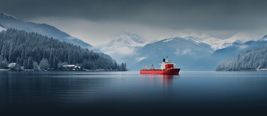 Sticker - Cargo ship navigating dark blue sea near snowy mountains