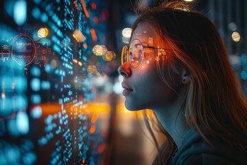 Poster - The image shows a woman engaging with a futuristic holographic interface, with detailed graphics suggesting advanced computing