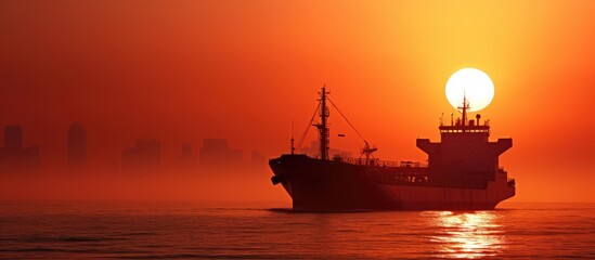 Poster - Ship sailing in ocean at dusk with city skyline