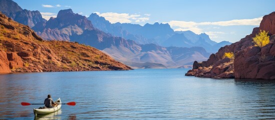 Canvas Print - Man Boating Lake Mountains