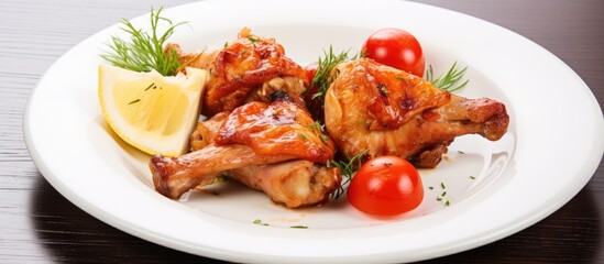 Canvas Print - Plate of chicken legs with tomatoes and lemon