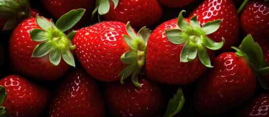 Wall Mural - Close-up of fresh strawberries with green leaves