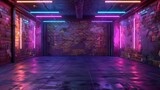 Fototapeta Londyn - An urban grunge setting with old bricks bathed in the glow of neon lights, ideal for a backdrop in modern 3D visualization projects