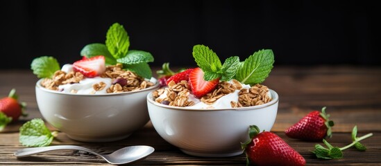Wall Mural - Granola bowls with strawberries and mint leaves on wooden table