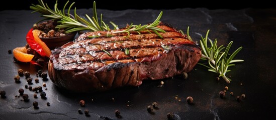 Poster - Close up of steak with rosemary on dark surface
