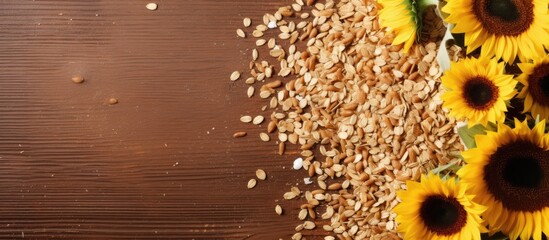 Poster - Wooden table with sunflowers and oats