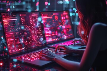 Poster - A woman is engaged in cybersecurity, surrounded by screens with data and neon lights, reflecting a high-tech workspace