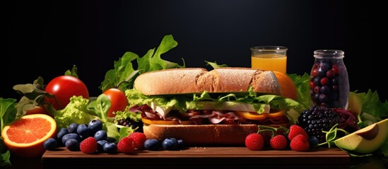 Wall Mural - Sandwich and assorted fruits on cutting board