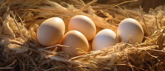 Wall Mural - Organic farm fresh eggs, nestled in straw, soft morning light illuminating natural textures,