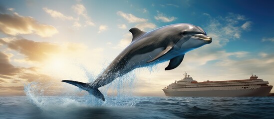 Poster - Dolphin leaping with cruise ship backdrop