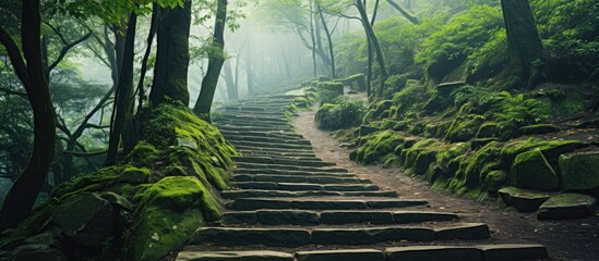 Poster - Stone path with moss in forest