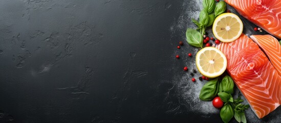 Poster - Two fresh salmon with lemon and basil on black backdrop