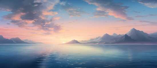 Poster - Sunset behind mountains with water