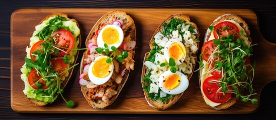 Poster - Four sandwiches with eggs, tomatoes, and greens on a wooden cutting board