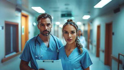 Wall Mural - A doctor and nurse reviewing a clipboard, in a hospital hallway, wearing scrubs