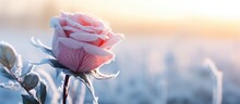 A Pink Rose Covered In Frost