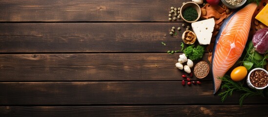 Poster - Wooden table spread with assorted foods like fish, vegetables, and meat