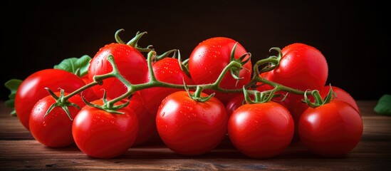 Wall Mural - Fresh tomatoes on wooden surface adorned with water droplets